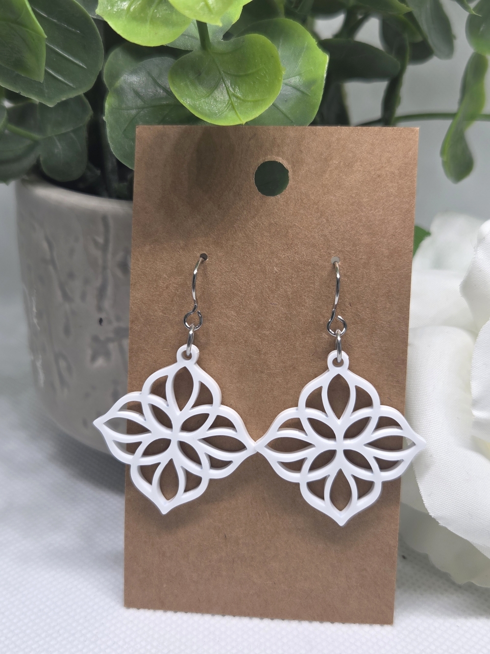 White Floral Filigree Drop Earrings